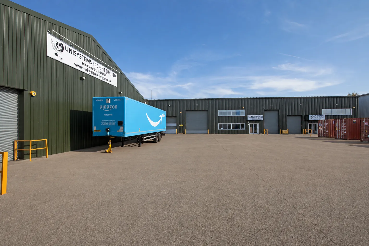 Amazon trailer on the loading apron at the Unisystems Freight site in Essex